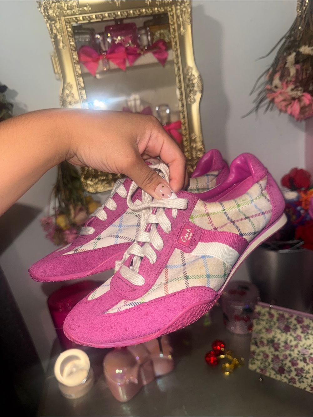 Coach Pink Plaid Women's Lace-Up Sneakers